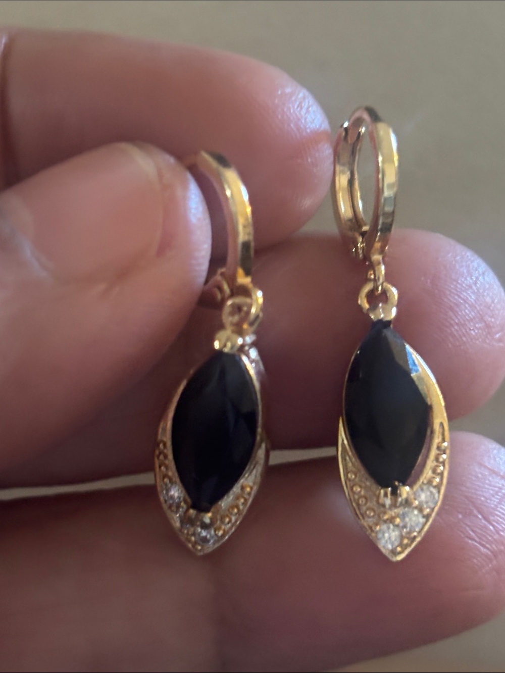 Gold-Tone Drop Earrings with Black Marquise Stone